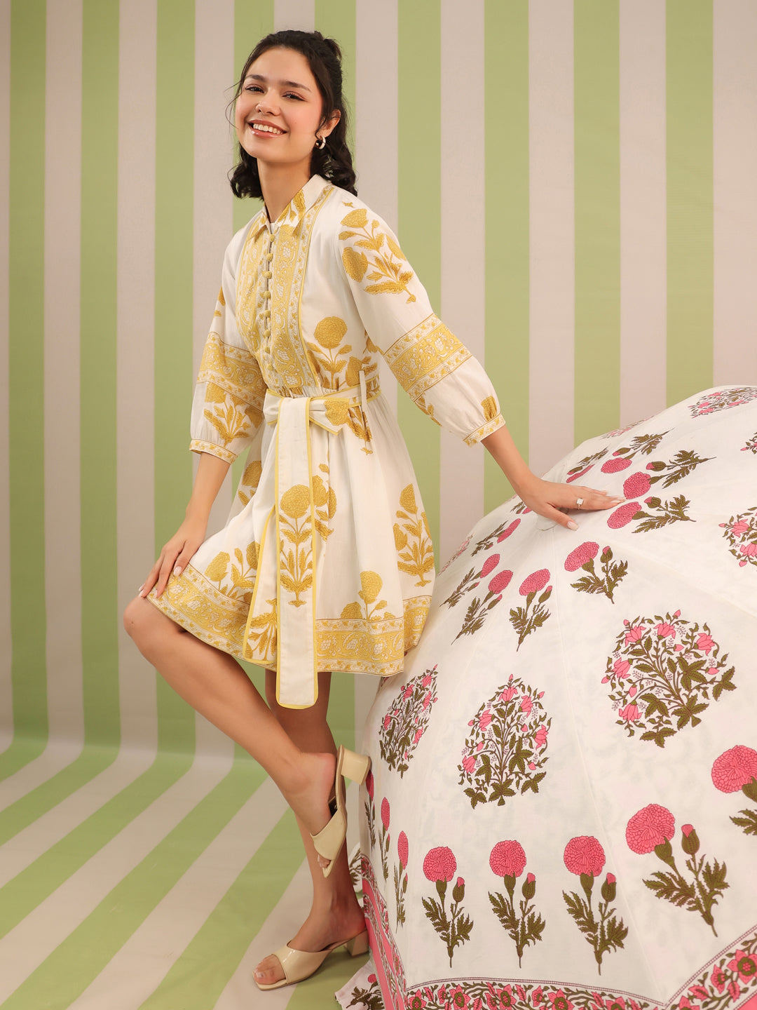 white christmas dresses White floral cotton ruffled dress main image 1