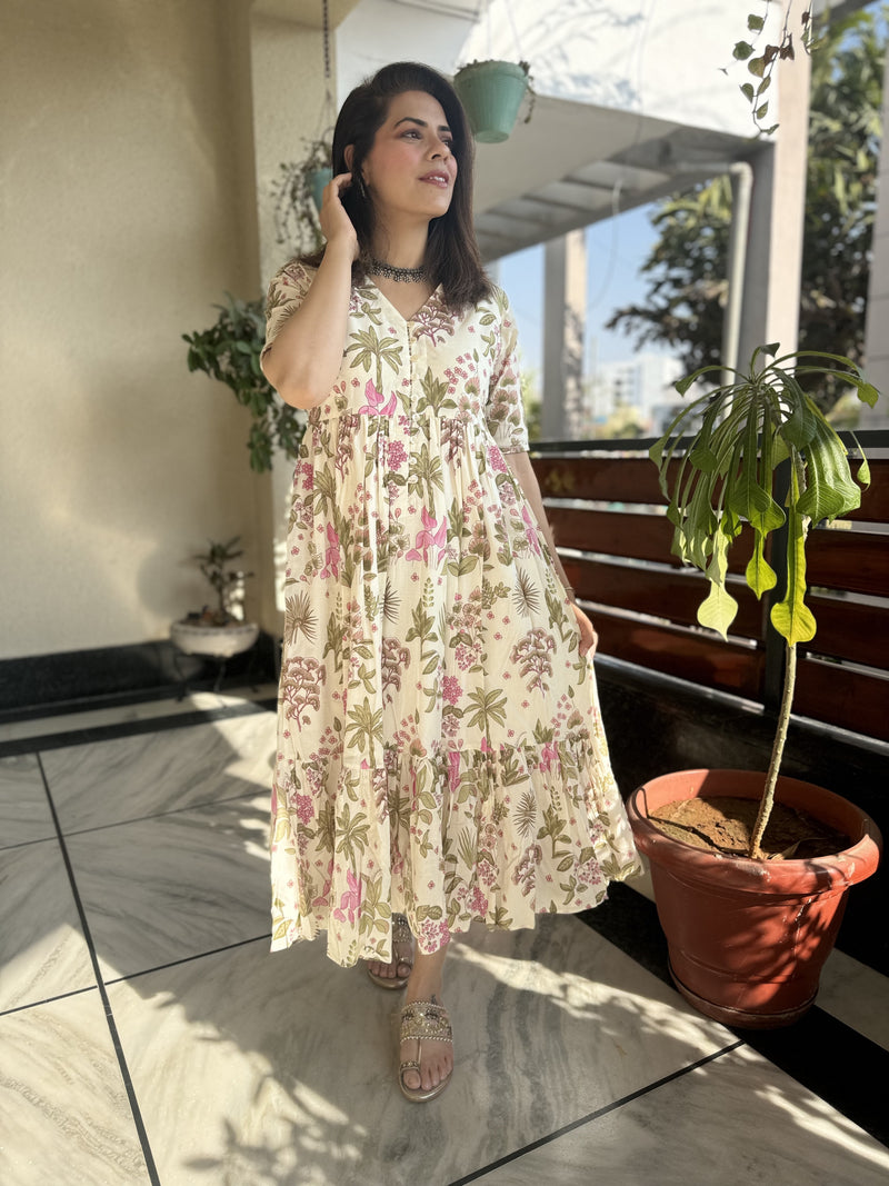 Cream Printed Cotton Dress Jaipur Morni
