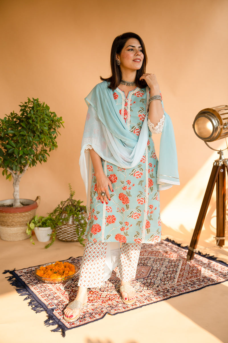 Blue Printed Cotton Lace Suit Set with Dupatta – Jaipur Morni