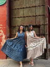 Cotton V-Neck Sleeveless Dress - White & Indigo