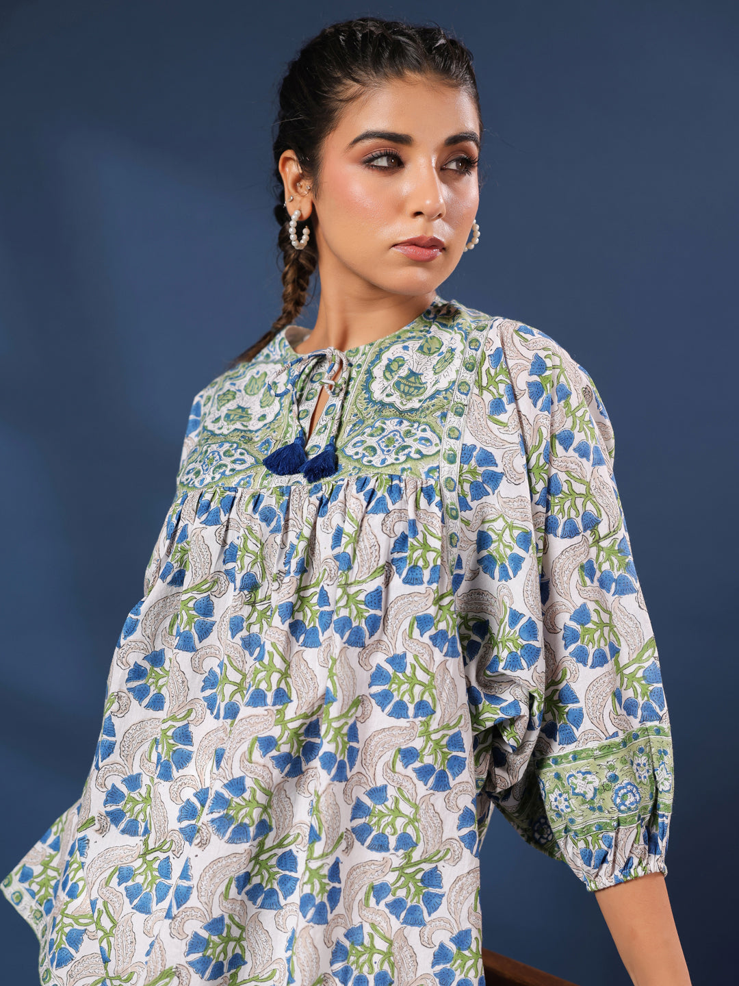 White and Green Handblock Printed Boho Volume Sleeves Top