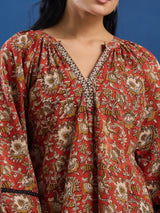 Red Floral Handblock Printed Cotton Top with Lace Detailing