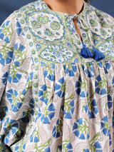 White and Green Handblock Printed Boho Volume Sleeves Top