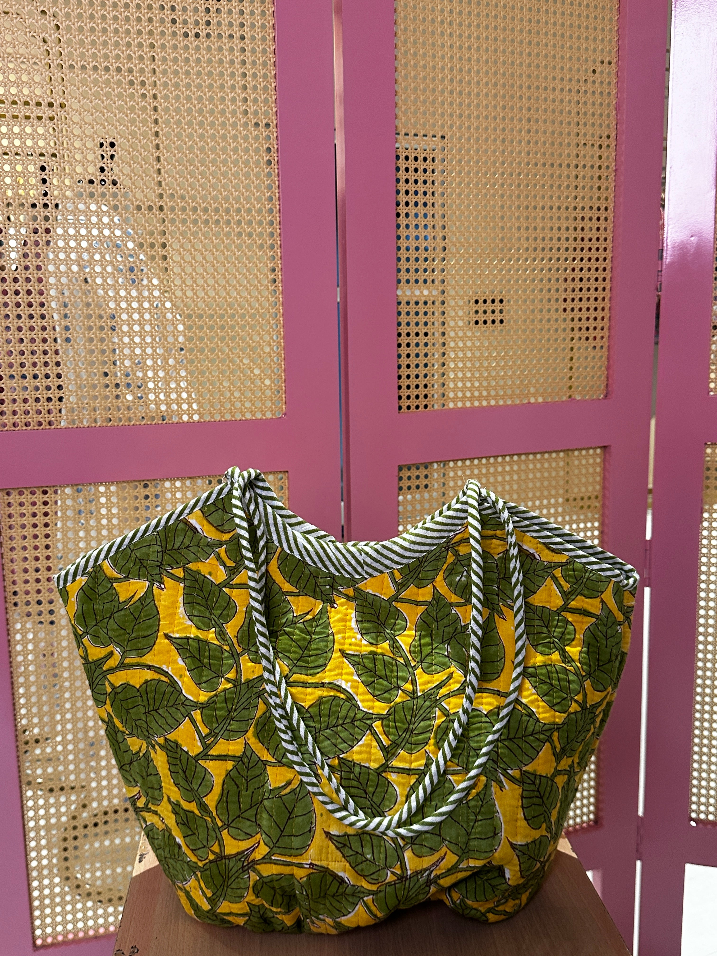 Green Leafs Basket Quilted Boho Tote Bag