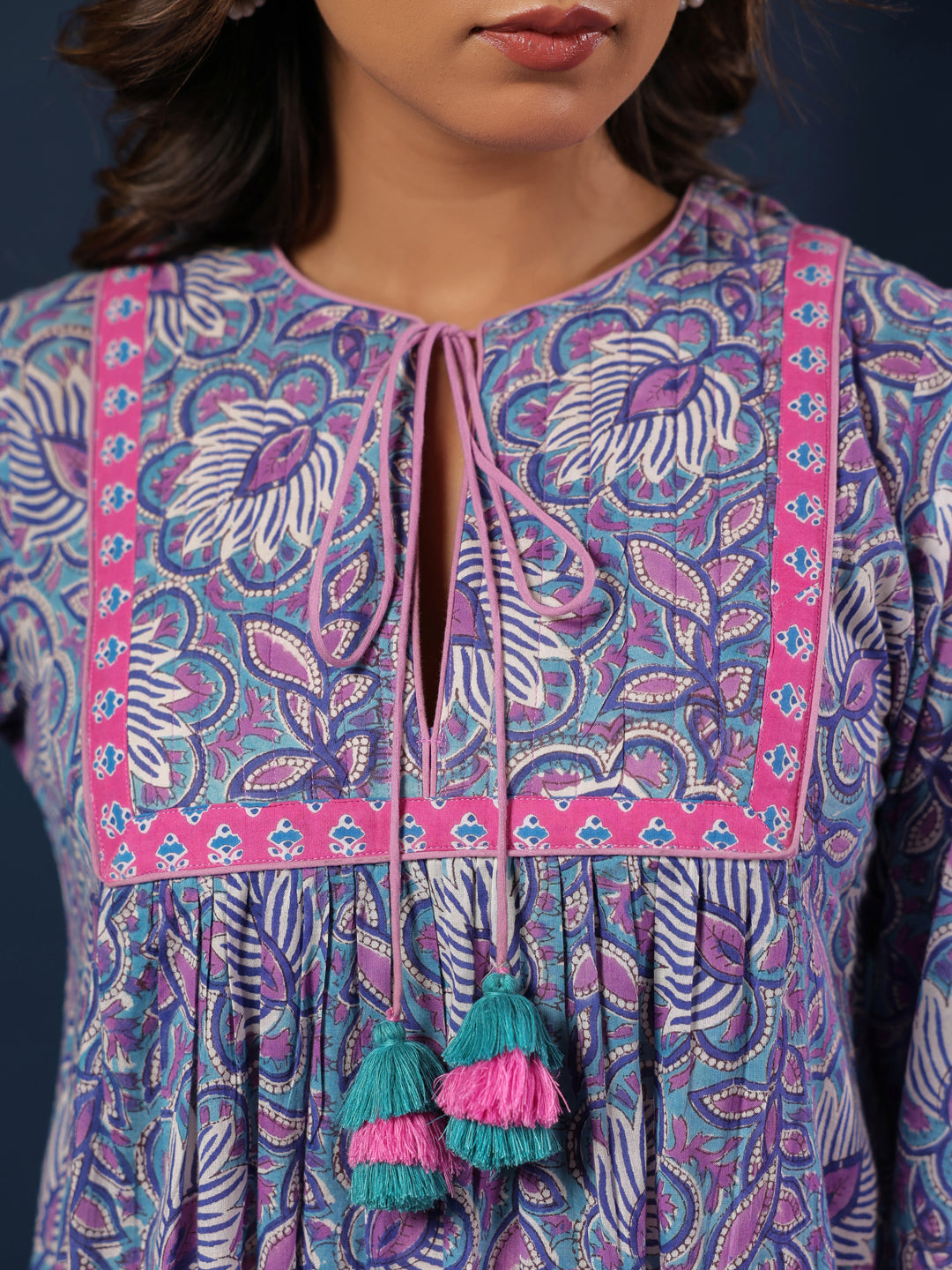 Purple Handblock Printed Flared Dress with Quilted Placket