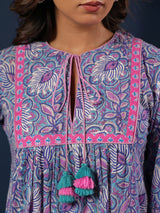 Purple Handblock Printed Flared Dress with Quilted Placket