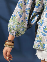 White and Green Handblock Printed Boho Volume Sleeves Top