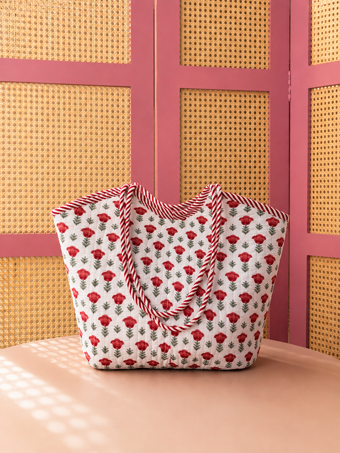 White Rose Basket Quilted Boho Tote Bag