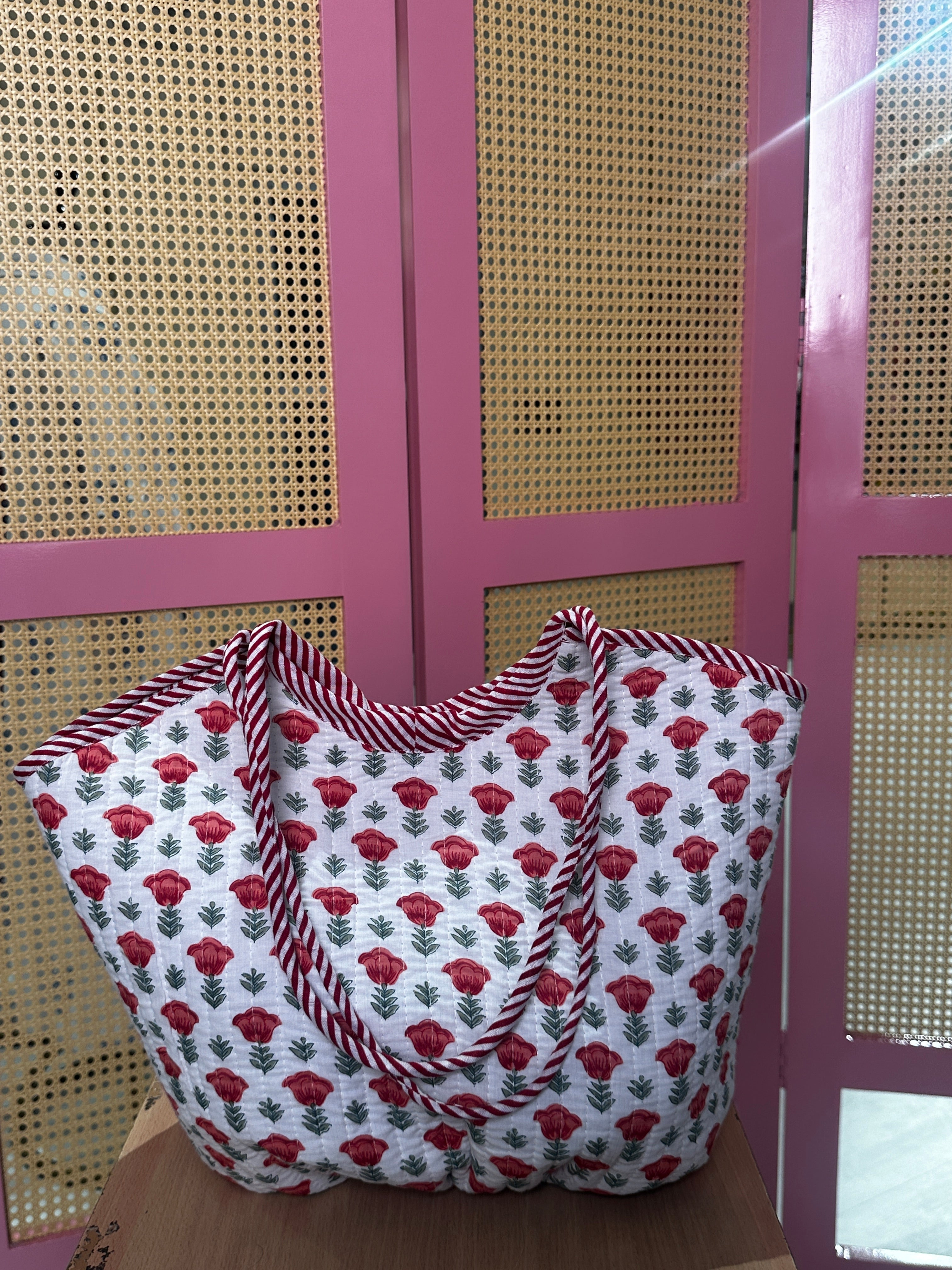 White Rose Basket Quilted Boho Tote Bag