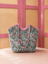 Iceblue Floral Basket Quilted Boho Tote Bag