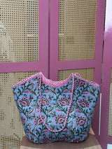 Iceblue Floral Basket Quilted Boho Tote Bag