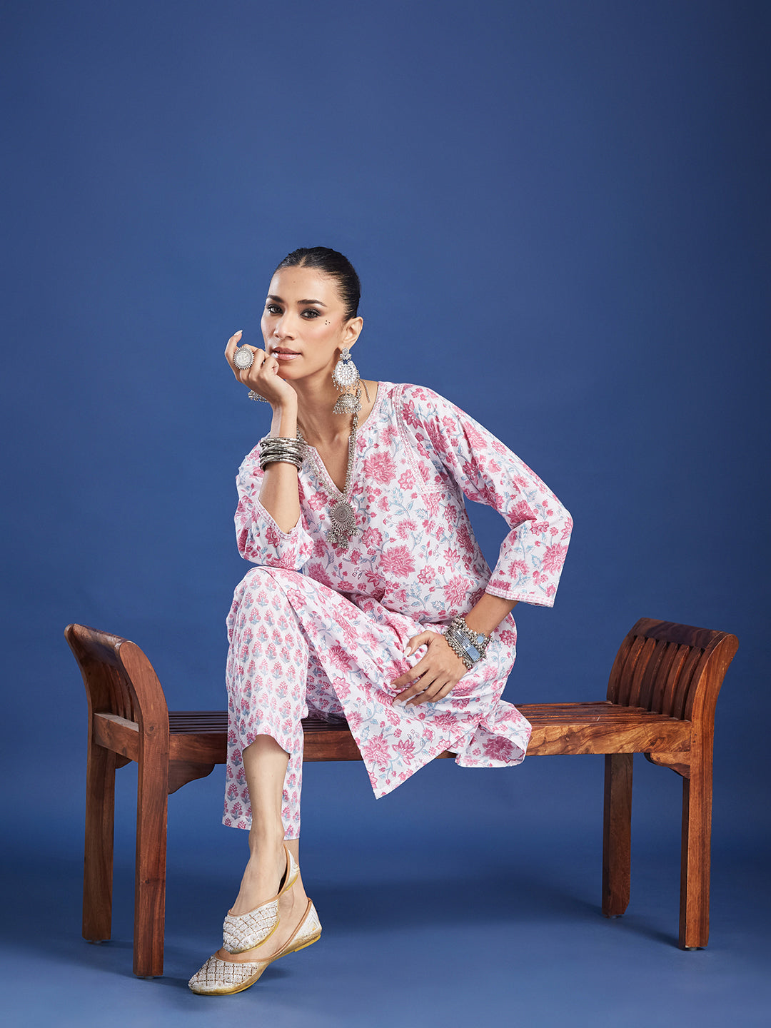 White Floral Handblock Printed Cotton Co-ord Set