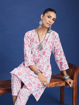 White Floral Handblock Printed Cotton Co-ord Set