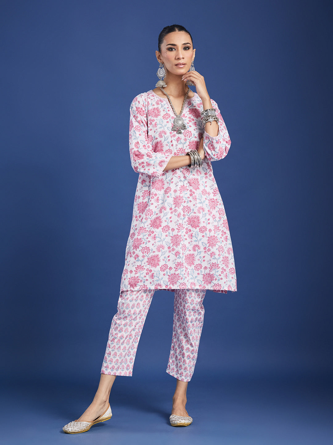 White Floral Handblock Printed Cotton Co-ord Set