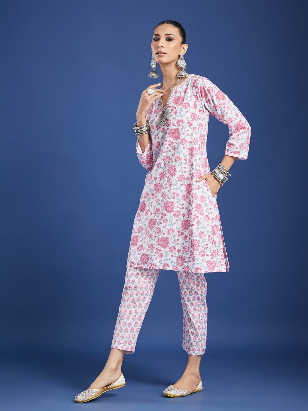 White Floral Handblock Printed Cotton Co-ord Set