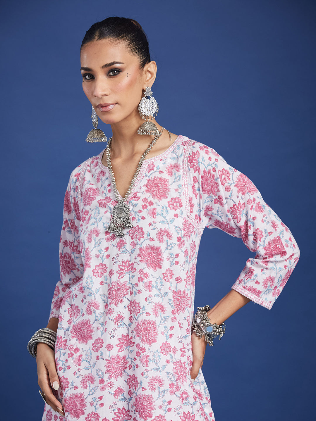 White Floral Handblock Printed Cotton Co-ord Set