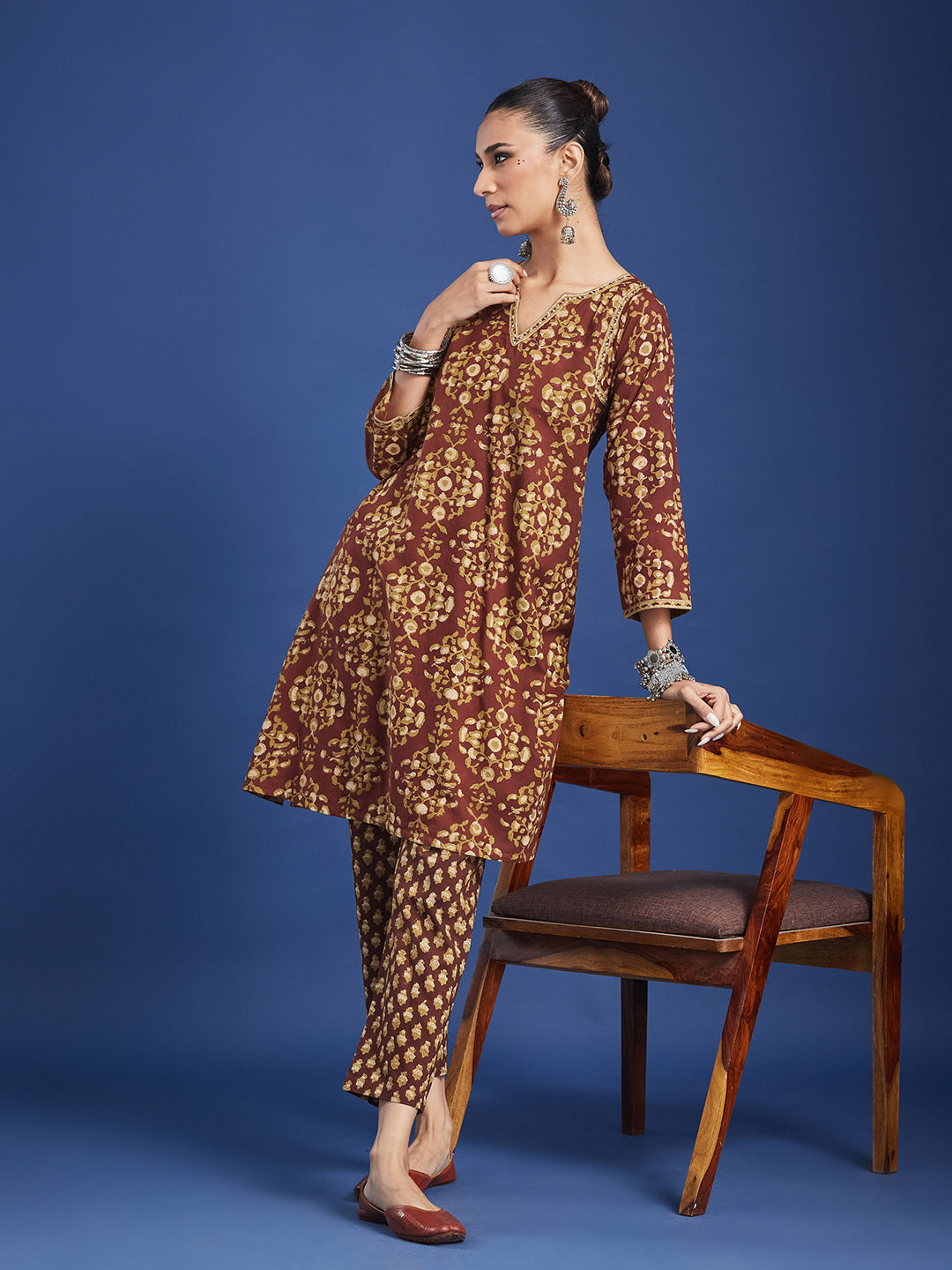 Brown Floral Handblock Printed Cotton Co-ord Set
