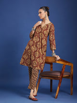 Brown Floral Handblock Printed Cotton Co-ord Set