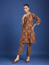 Brown Floral Handblock Printed Cotton Co-ord Set