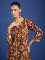 Brown Floral Handblock Printed Cotton Co-ord Set