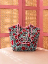 Iceblue Red Basket Quilted Boho Tote Bag