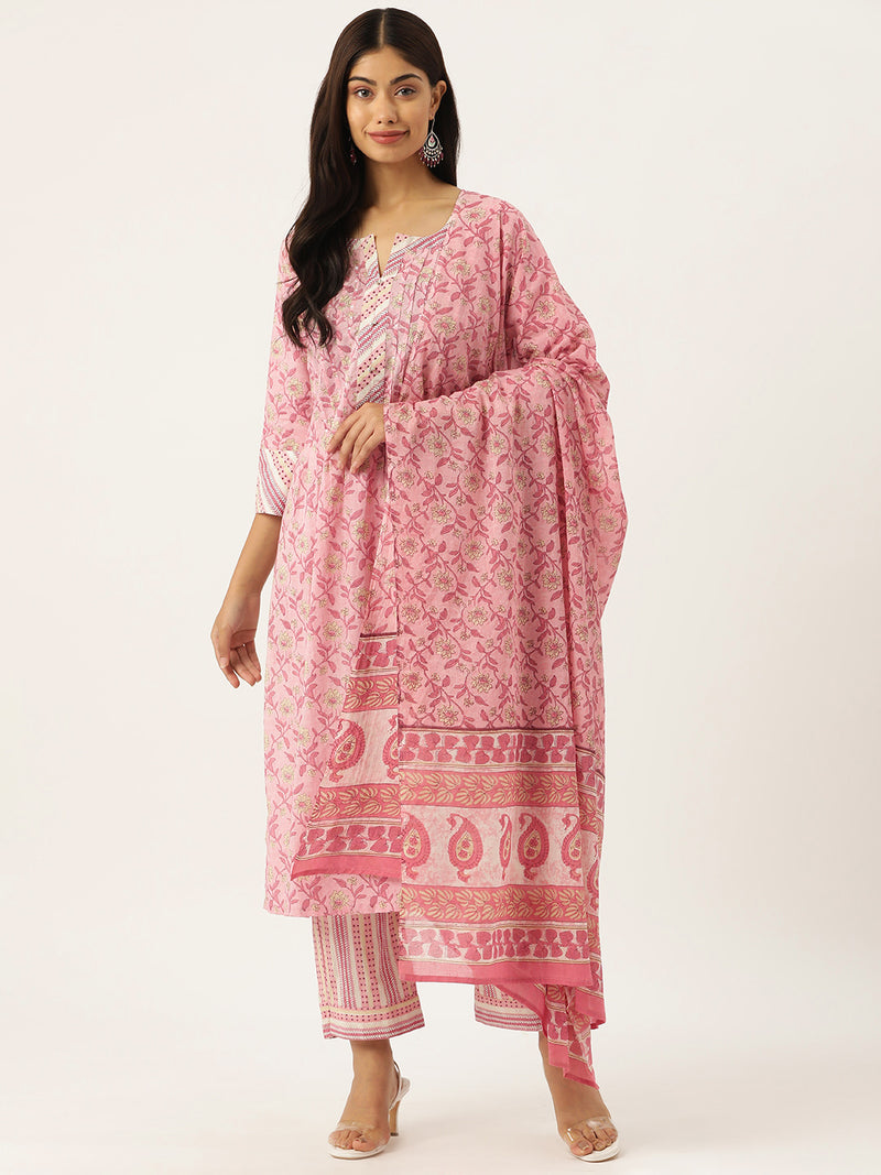Women Floral Printed Regular Sequinned Cotton Kurta with Trousers & Dupatta