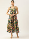 Green Shoulder Strapped Floral Printed Fit and Flared Pure Cotton  Dress