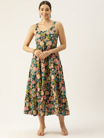 Green Shoulder Strapped Floral Printed Fit and Flared Pure Cotton  Dress