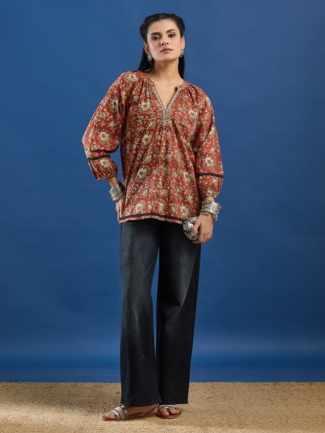 Red Floral Handblock Printed Cotton Top with Lace Detailing