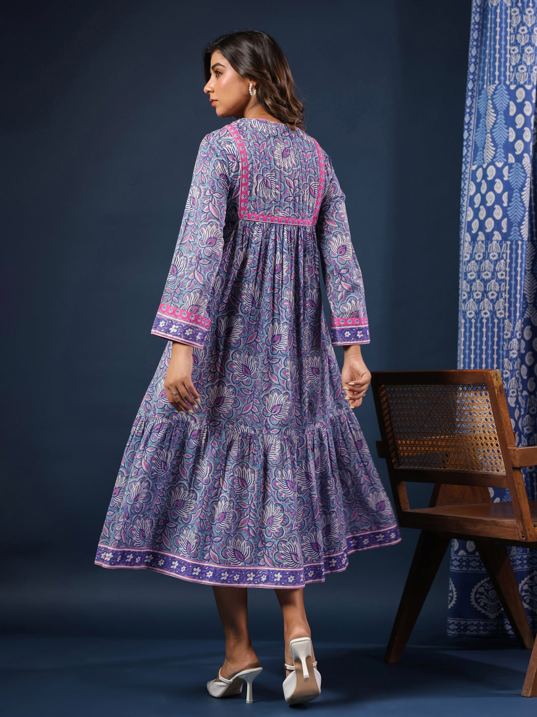 Purple Handblock Printed Flared Dress with Quilted Placket