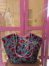 Iceblue Red Basket Quilted Boho Tote Bag