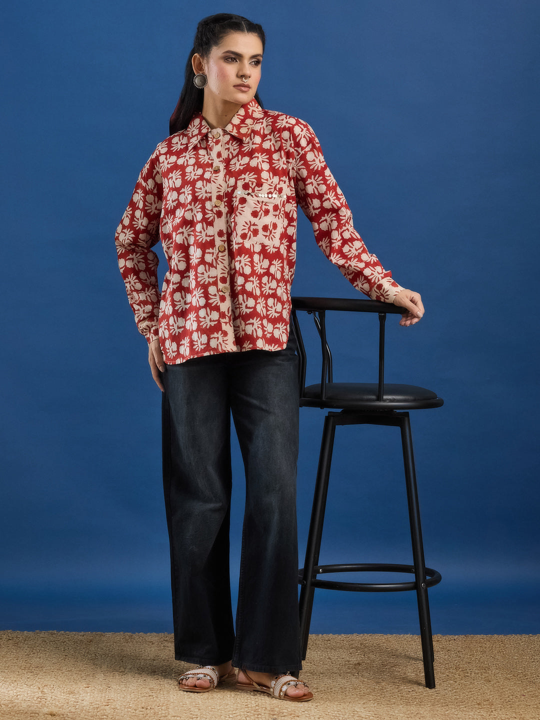 Maroon Bagru Printed Handblock Cotton Shirt