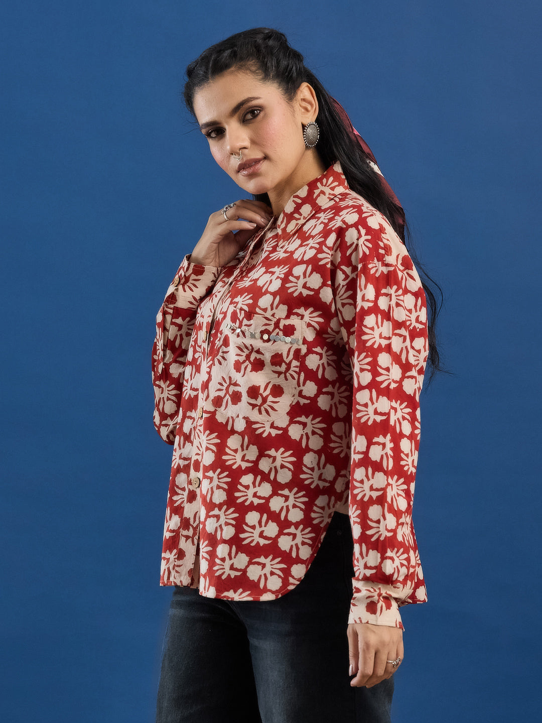Maroon Bagru Printed Handblock Cotton Shirt