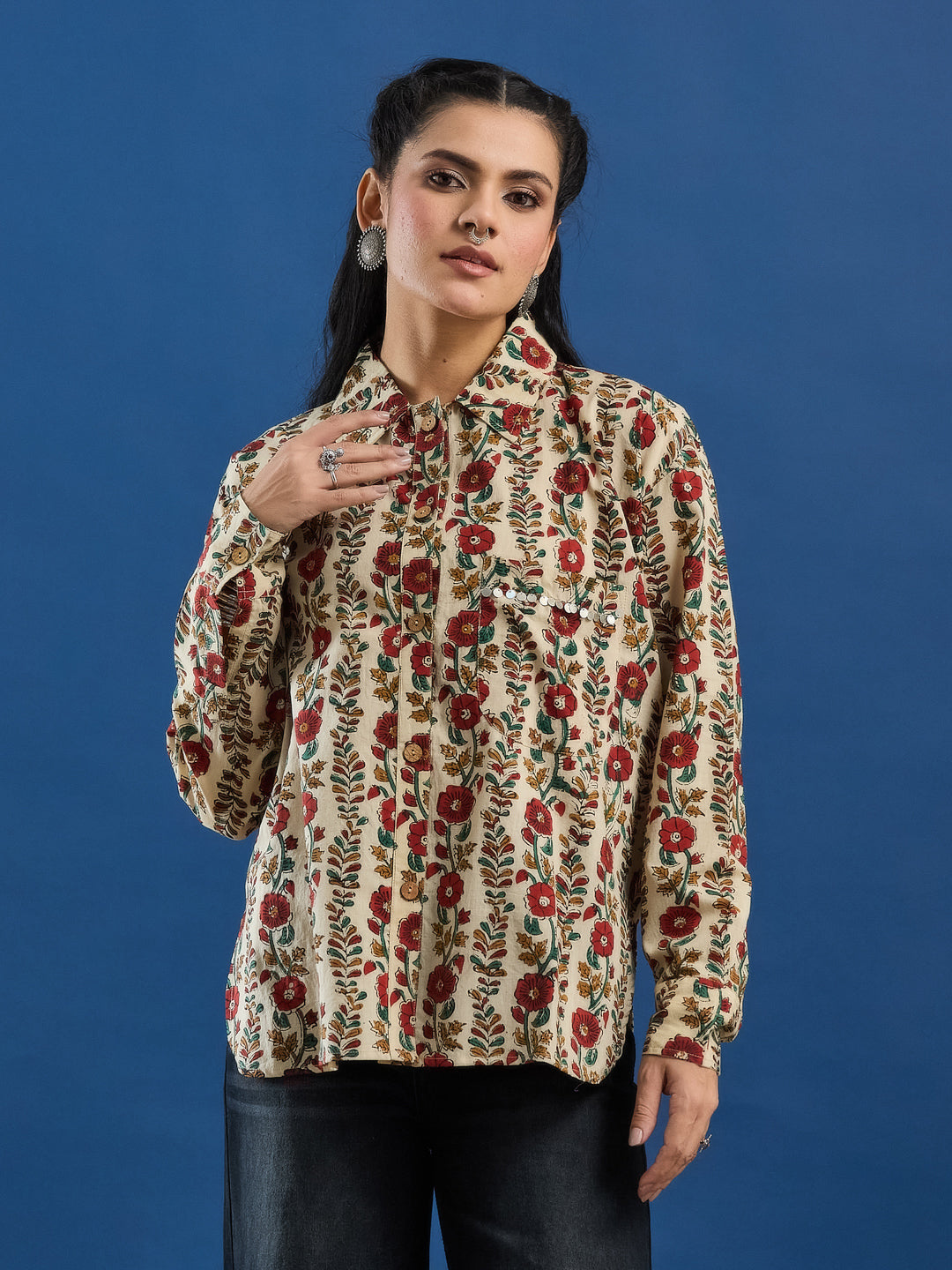 Cream Bagru Handblock Printed Lose Fit Cotton Shirt