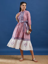 Pink Handblock Printed Cotton Maxi Dress With Belt