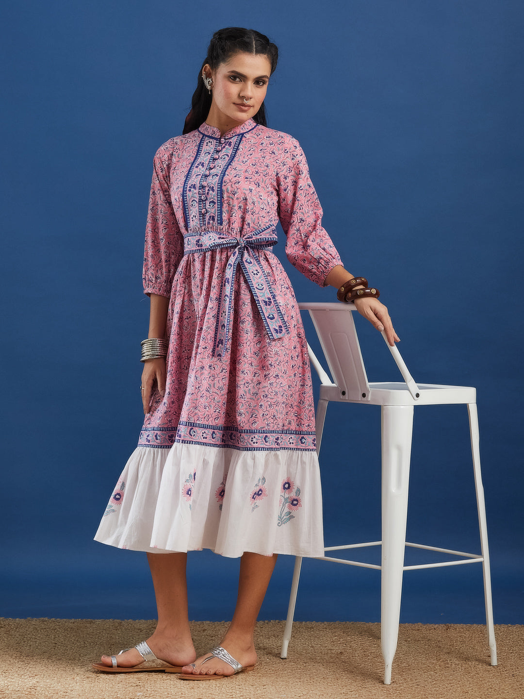 Pink Handblock Printed Cotton Maxi Dress With Belt