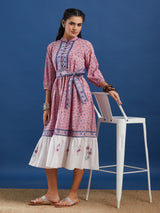Pink Handblock Printed Cotton Maxi Dress With Belt
