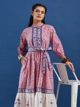 Pink Handblock Printed Cotton Maxi Dress With Belt