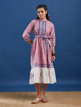 Pink Handblock Printed Cotton Maxi Dress With Belt