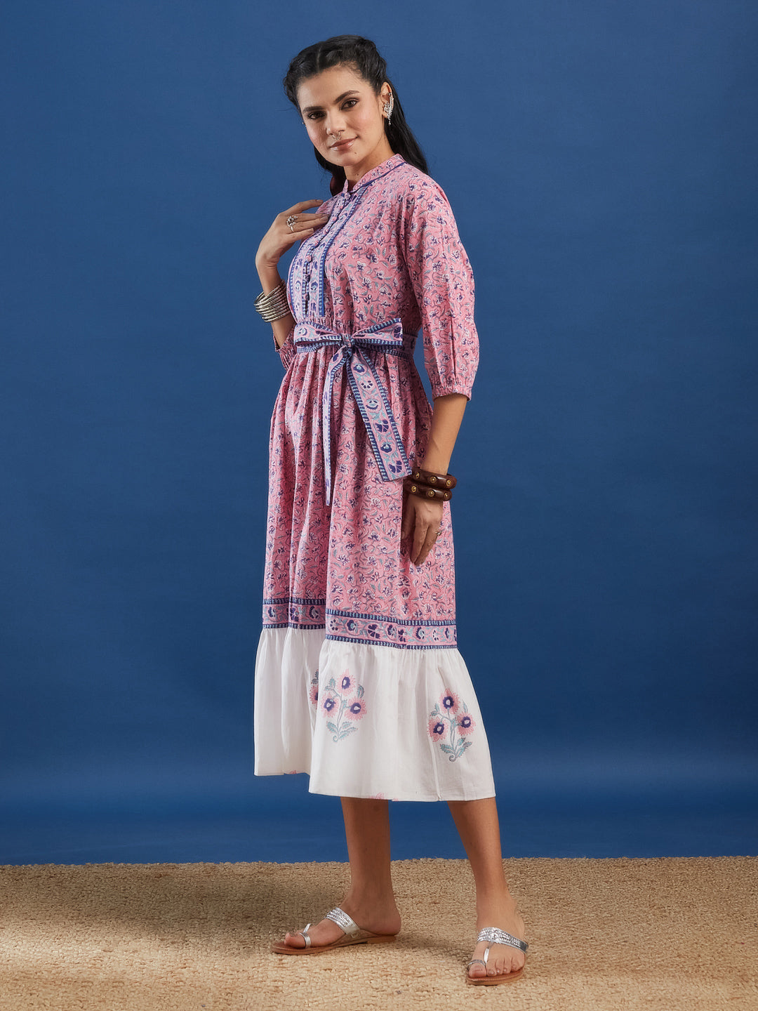 Pink Handblock Printed Cotton Maxi Dress With Belt