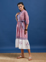 Pink Handblock Printed Cotton Maxi Dress With Belt