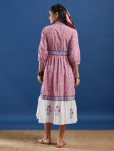 Pink Handblock Printed Cotton Maxi Dress With Belt
