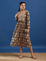 Black Floral Handblock Printed Cotton Maxi Dress
