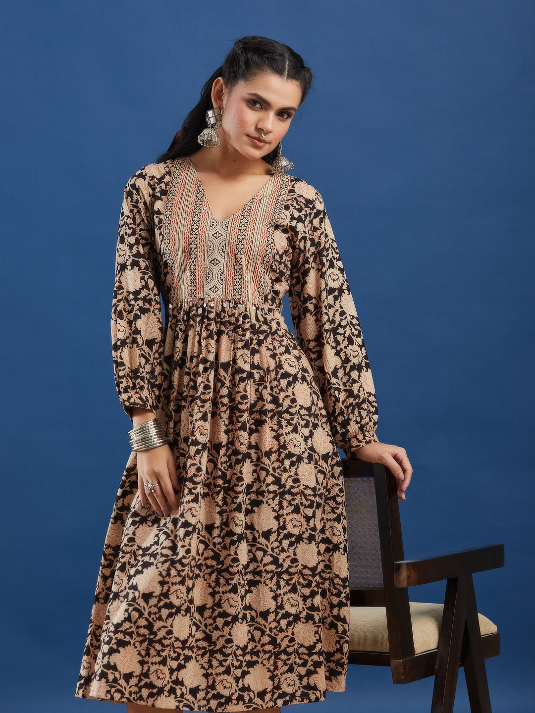 Black Floral Handblock Printed Cotton Maxi Dress