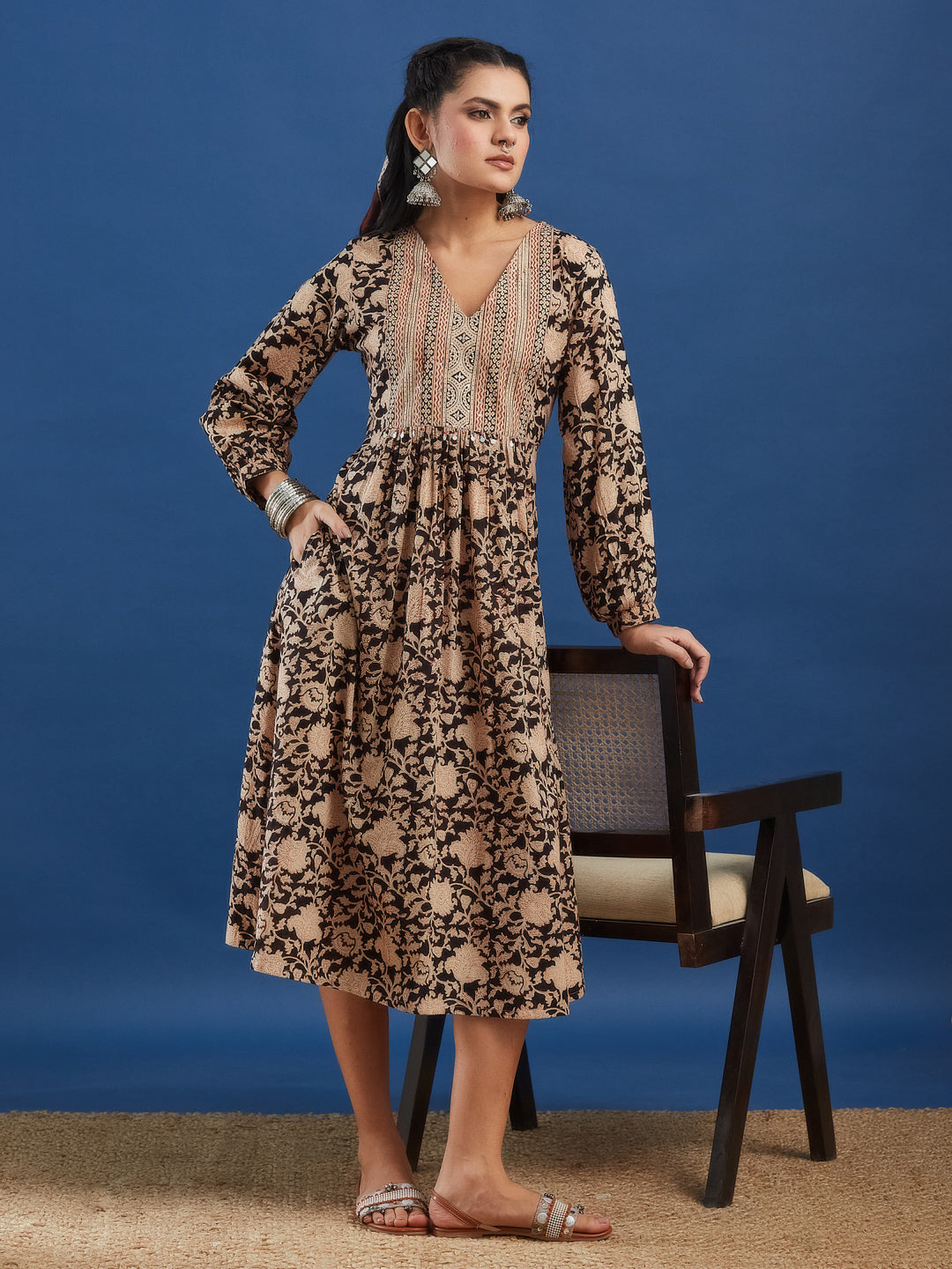 Black Floral Handblock Printed Cotton Maxi Dress