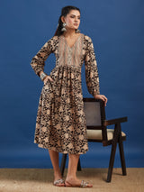 Black Floral Handblock Printed Cotton Maxi Dress