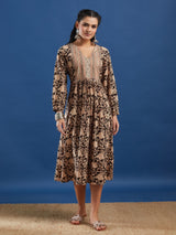 Black Floral Handblock Printed Cotton Maxi Dress