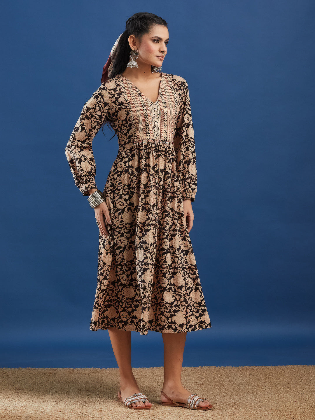 Black Floral Handblock Printed Cotton Maxi Dress