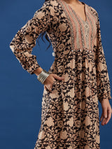 Black Floral Handblock Printed Cotton Maxi Dress