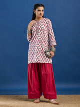 White Floral Hand Block Printed Kurta & Farshi Salwar Set